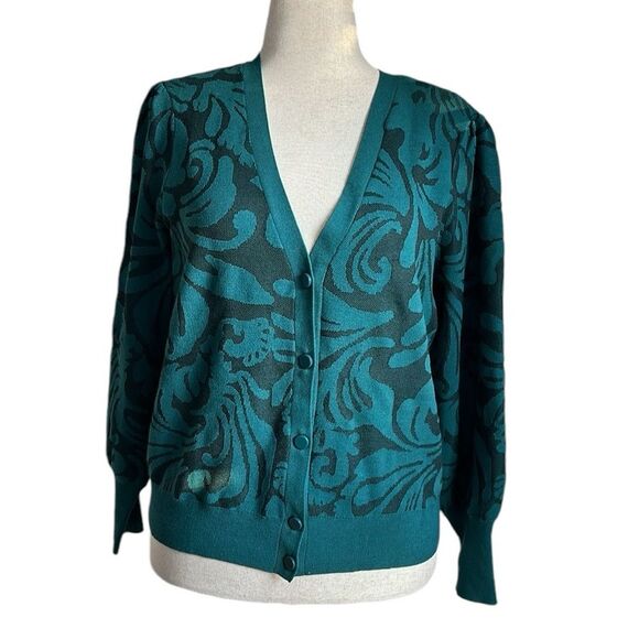 Chico’s Mesh Jacquard Button Front Cardigan Emerald Green Size 2/L - Picture 2 of 10